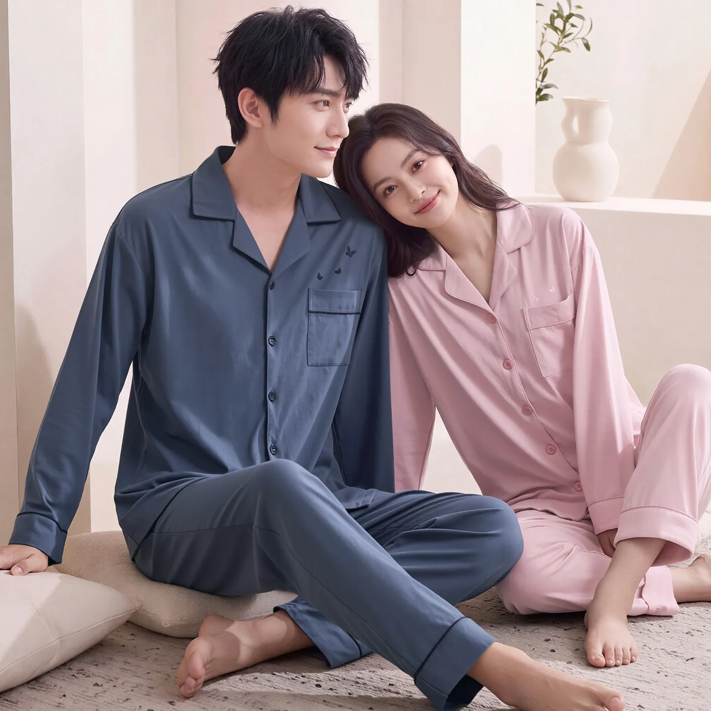 Couple Matching Autumn/Winter Long-Sleeve Stretch Cotton Pajama Set, High-Quality Solid Color Comfortable Loungewear for Men and Women · Wholesale · OEM · Worldwide Shipping - Detail 3