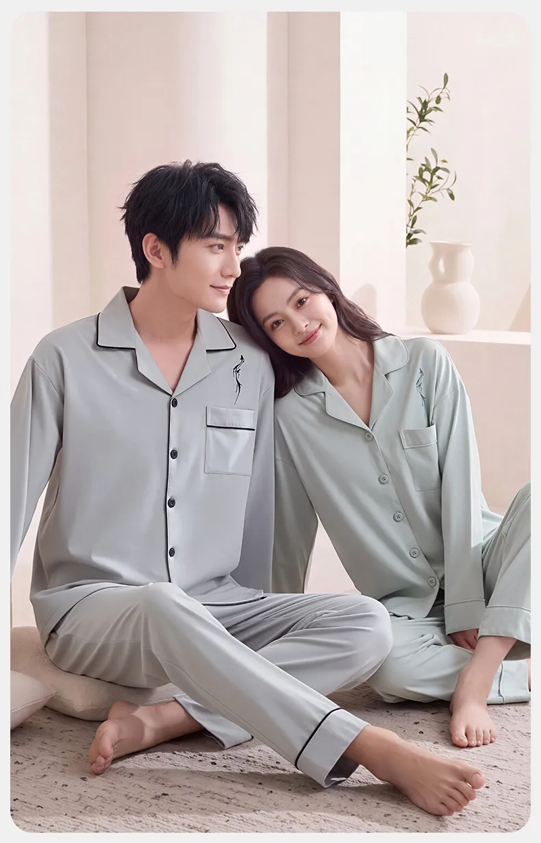 Couple Matching Autumn/Winter Long-Sleeve Stretch Cotton Pajama Set, High-Quality Solid Color Comfortable Loungewear for Men and Women · Wholesale · OEM · Worldwide Shipping - Detail 10