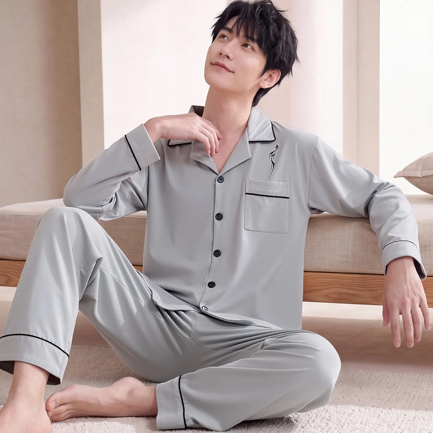 Couple Matching Autumn/Winter Long-Sleeve Stretch Cotton Pajama Set, High-Quality Solid Color Comfortable Loungewear for Men and Women · Wholesale · OEM · Worldwide Shipping - View 3