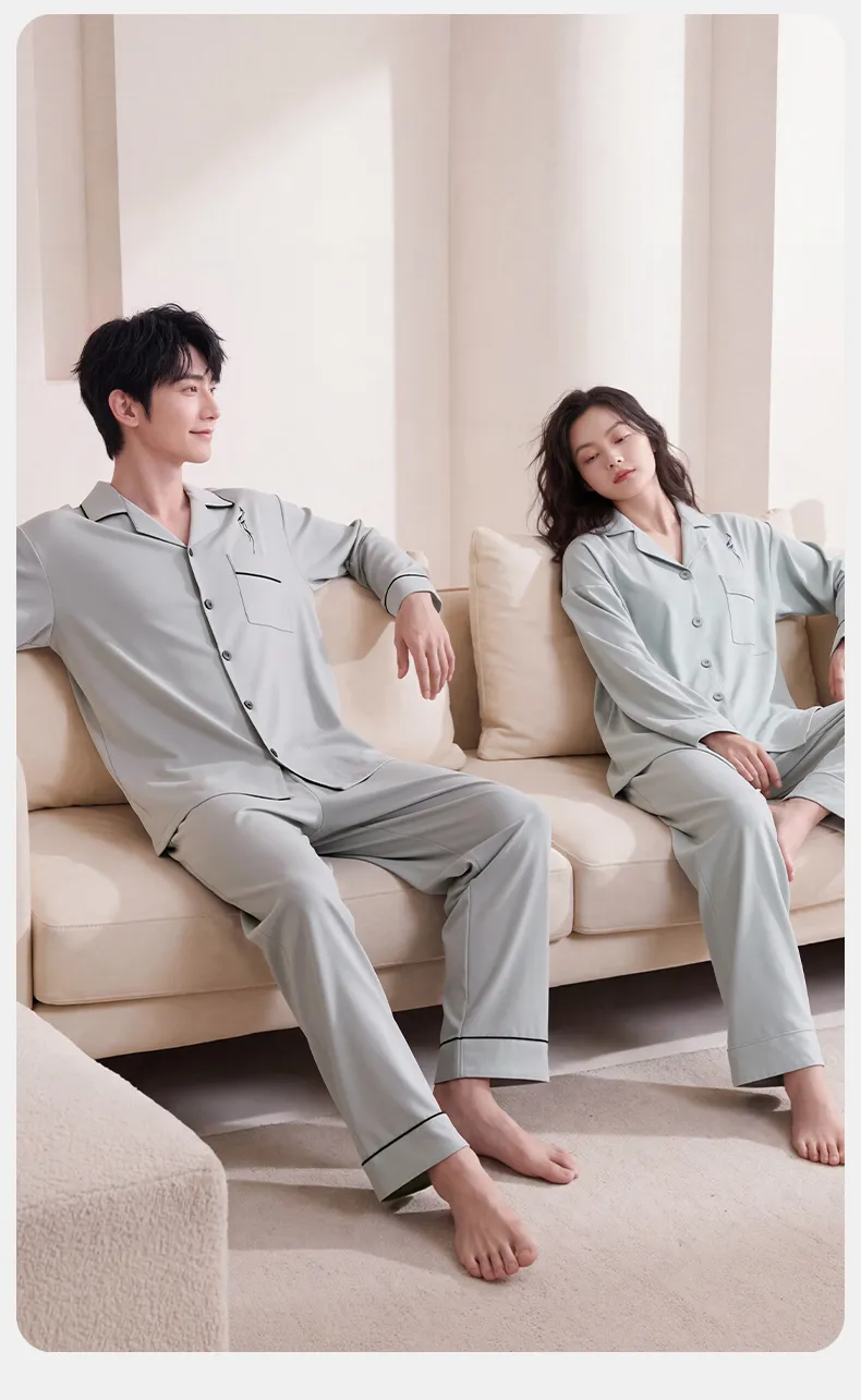 Couple Matching Autumn/Winter Long-Sleeve Stretch Cotton Pajama Set, High-Quality Solid Color Comfortable Loungewear for Men and Women · Wholesale · OEM · Worldwide Shipping - Detail 11