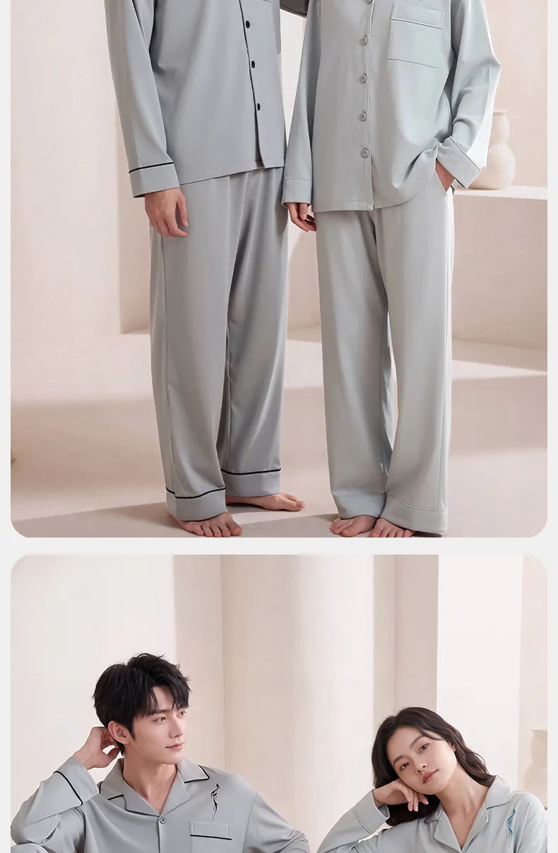 Couple Matching Autumn/Winter Long-Sleeve Stretch Cotton Pajama Set, High-Quality Solid Color Comfortable Loungewear for Men and Women · Wholesale · OEM · Worldwide Shipping - Detail 16