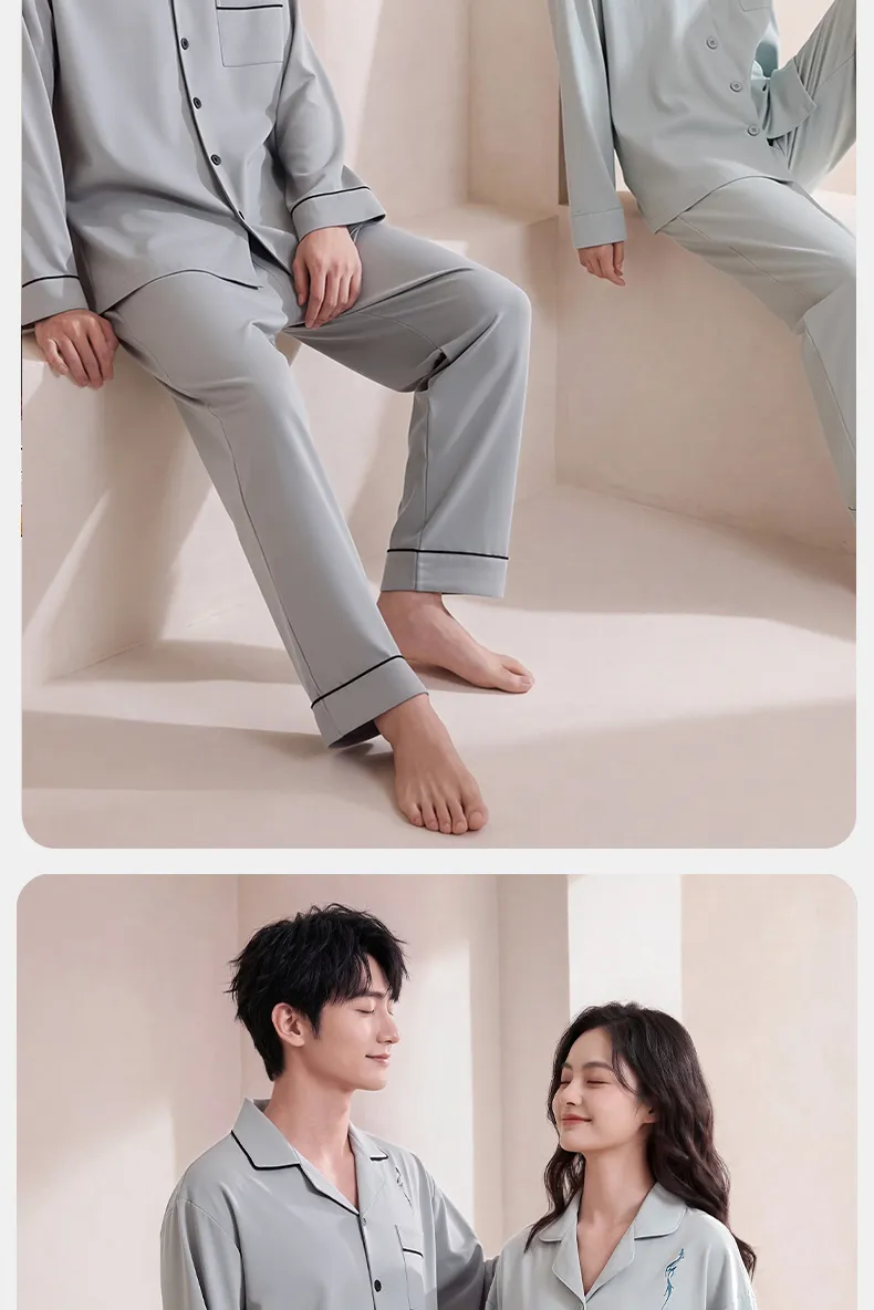 Couple Matching Autumn/Winter Long-Sleeve Stretch Cotton Pajama Set, High-Quality Solid Color Comfortable Loungewear for Men and Women · Wholesale · OEM · Worldwide Shipping - Detail 15