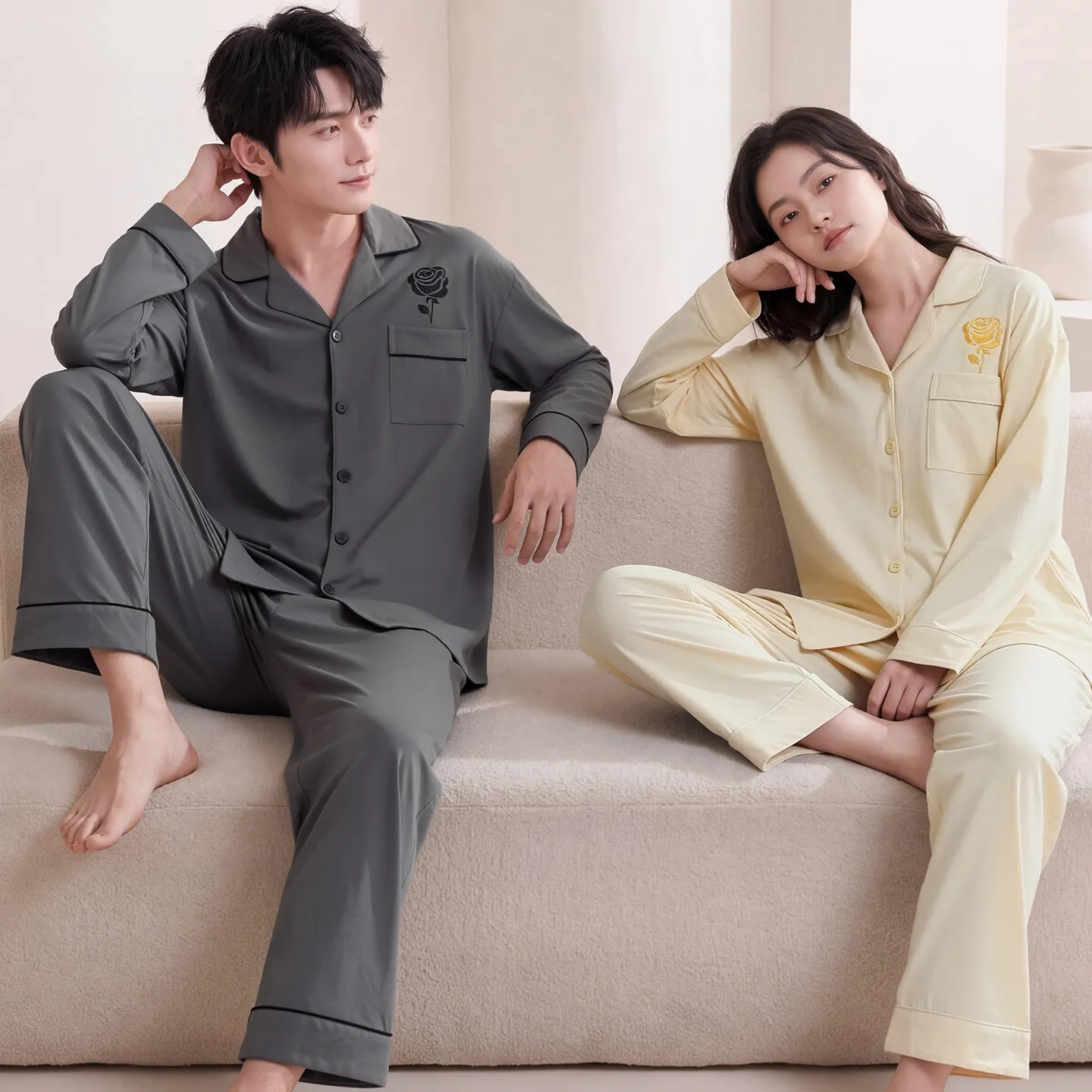 Couple Matching Autumn/Winter Long-Sleeve Stretch Cotton Pajama Set, High-Quality Solid Color Comfortable Loungewear for Men and Women · Wholesale · OEM · Worldwide Shipping - Detail 7