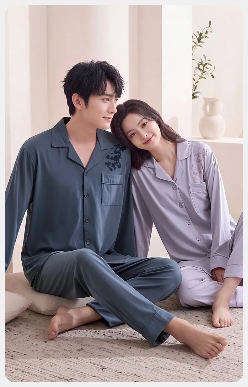 Couple Matching Autumn/Winter Long-Sleeve Stretch Cotton Pajama Set, High-Quality Solid Color Comfortable Loungewear for Men and Women · Wholesale · OEM · Worldwide Shipping - Detail 10