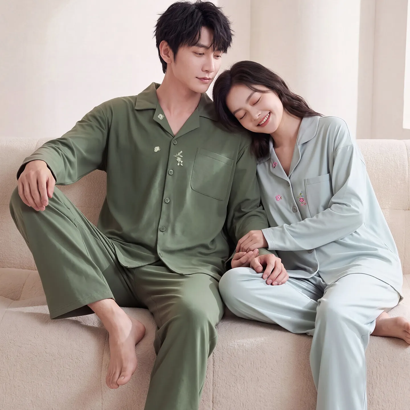 Couple Matching Autumn/Winter Long-Sleeve Stretch Cotton Pajama Set, High-Quality Solid Color Comfortable Loungewear for Men and Women · Wholesale · OEM · Worldwide Shipping - Detail 2