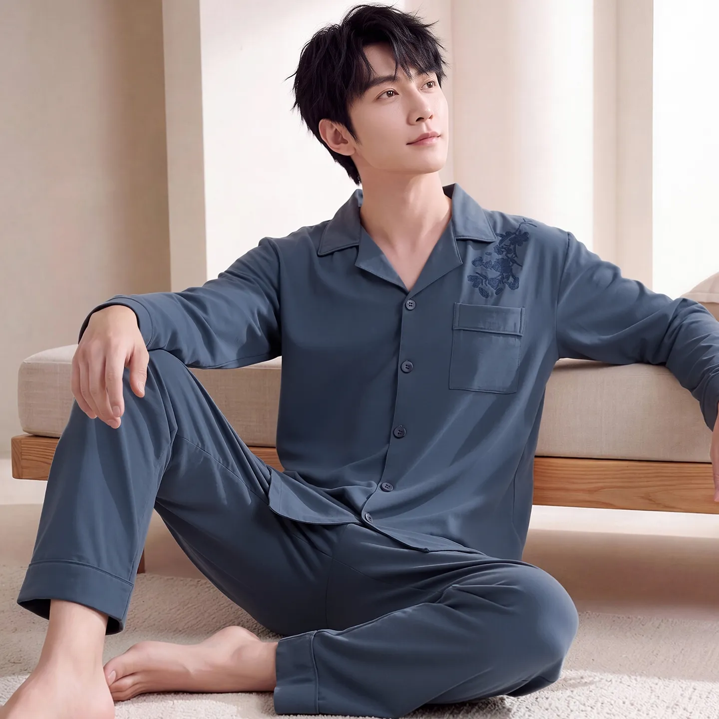 Couple Matching Autumn/Winter Long-Sleeve Stretch Cotton Pajama Set, High-Quality Solid Color Comfortable Loungewear for Men and Women · Wholesale · OEM · Worldwide Shipping - View 3