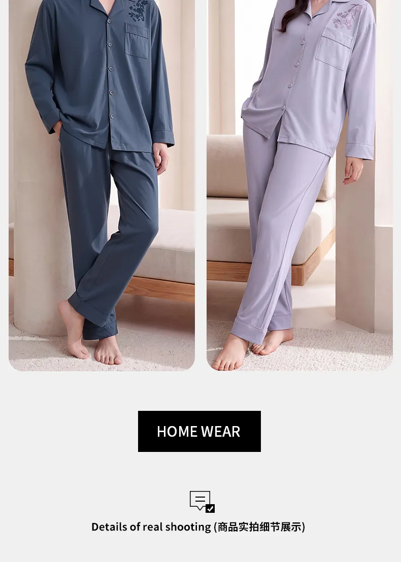 Couple Matching Autumn/Winter Long-Sleeve Stretch Cotton Pajama Set, High-Quality Solid Color Comfortable Loungewear for Men and Women · Wholesale · OEM · Worldwide Shipping - Detail 18