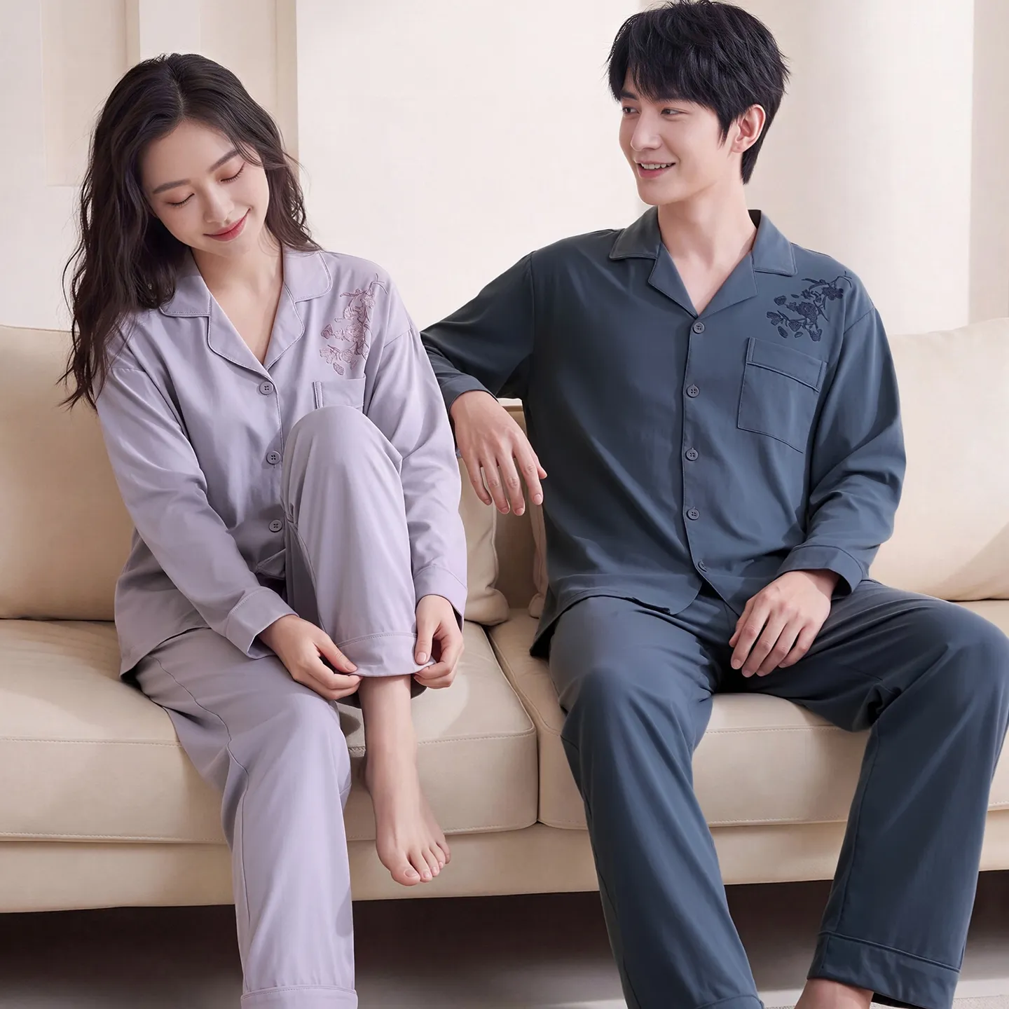 Couple Matching Autumn/Winter Long-Sleeve Stretch Cotton Pajama Set, High-Quality Solid Color Comfortable Loungewear for Men and Women · Wholesale · OEM · Worldwide Shipping - View 1