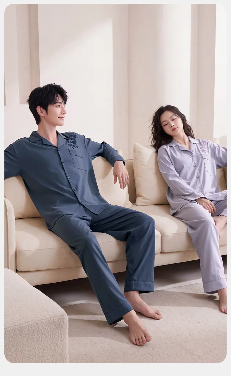 Couple Matching Autumn/Winter Long-Sleeve Stretch Cotton Pajama Set, High-Quality Solid Color Comfortable Loungewear for Men and Women · Wholesale · OEM · Worldwide Shipping - Detail 11