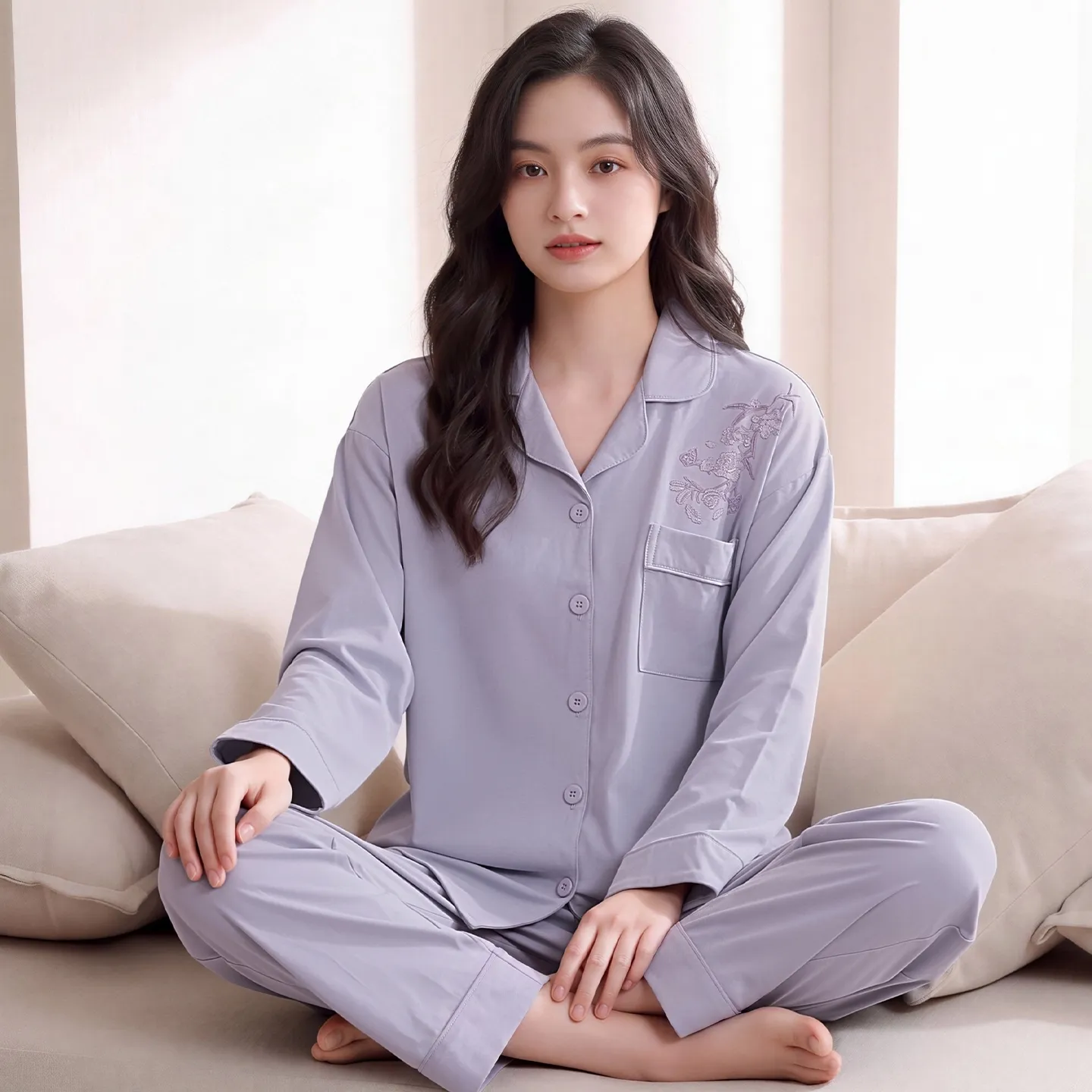 Couple Matching Autumn/Winter Long-Sleeve Stretch Cotton Pajama Set, High-Quality Solid Color Comfortable Loungewear for Men and Women · Wholesale · OEM · Worldwide Shipping - View 2