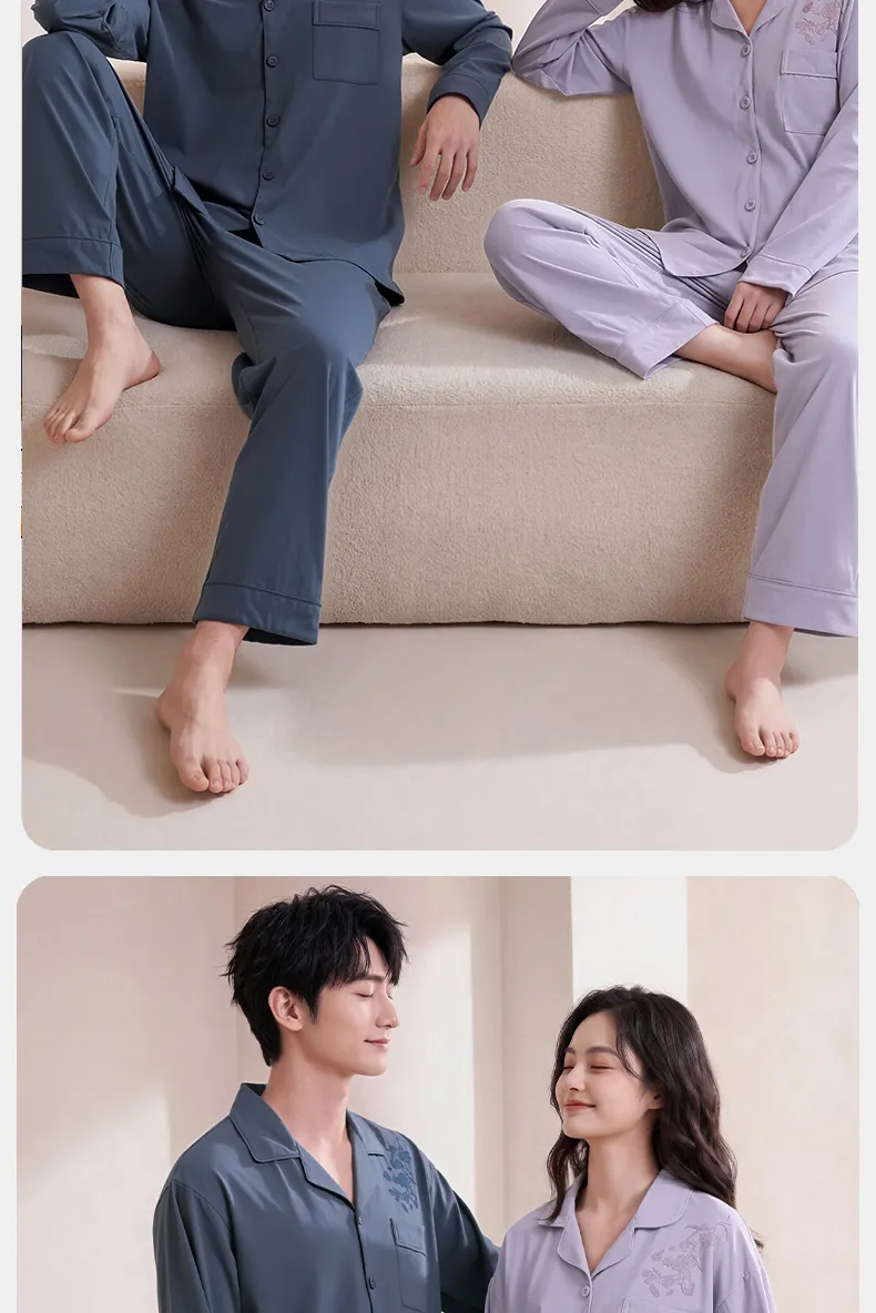Couple Matching Autumn/Winter Long-Sleeve Stretch Cotton Pajama Set, High-Quality Solid Color Comfortable Loungewear for Men and Women · Wholesale · OEM · Worldwide Shipping - Detail 15