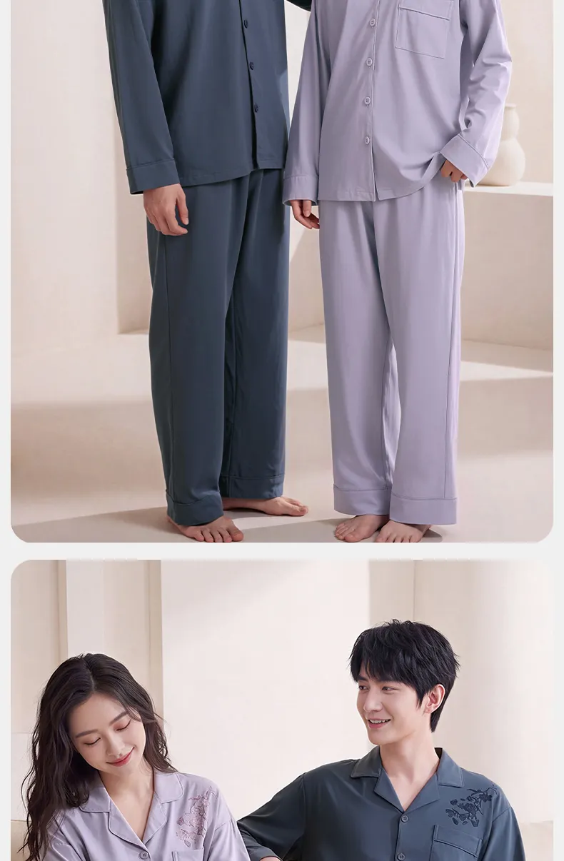 Couple Matching Autumn/Winter Long-Sleeve Stretch Cotton Pajama Set, High-Quality Solid Color Comfortable Loungewear for Men and Women · Wholesale · OEM · Worldwide Shipping - Detail 16