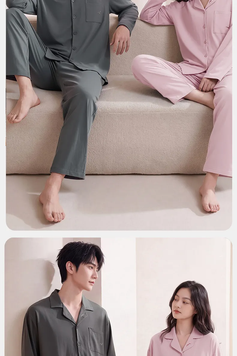 Couple Matching Autumn/Winter Long-Sleeve Stretch Cotton Pajama Set, High-Quality Solid Color Comfortable Loungewear for Men and Women · Wholesale · OEM · Worldwide Shipping - Detail 15