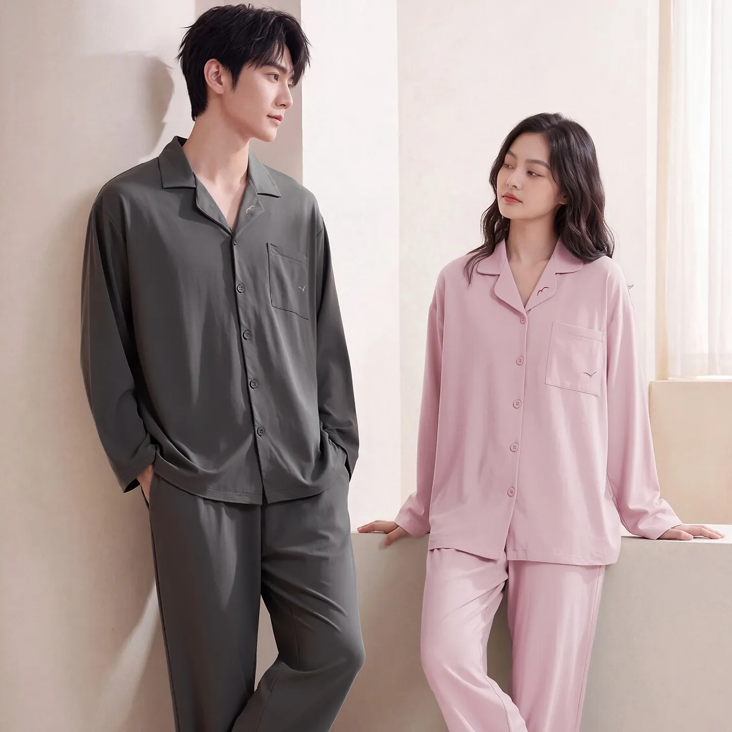Couple Matching Autumn/Winter Long-Sleeve Stretch Cotton Pajama Set, High-Quality Solid Color Comfortable Loungewear for Men and Women · Wholesale · OEM · Worldwide Shipping - View 1