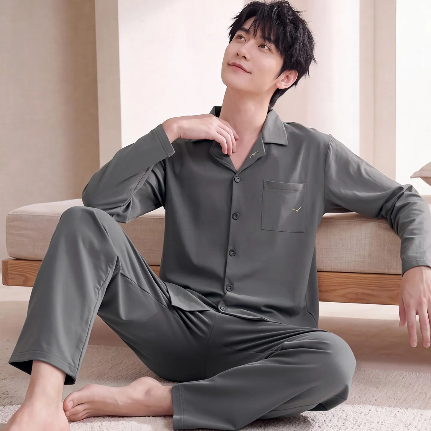 Couple Matching Autumn/Winter Long-Sleeve Stretch Cotton Pajama Set, High-Quality Solid Color Comfortable Loungewear for Men and Women · Wholesale · OEM · Worldwide Shipping - View 3