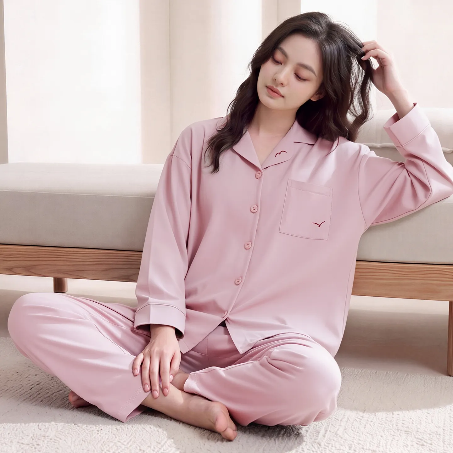 Couple Matching Autumn/Winter Long-Sleeve Stretch Cotton Pajama Set, High-Quality Solid Color Comfortable Loungewear for Men and Women · Wholesale · OEM · Worldwide Shipping - View 2