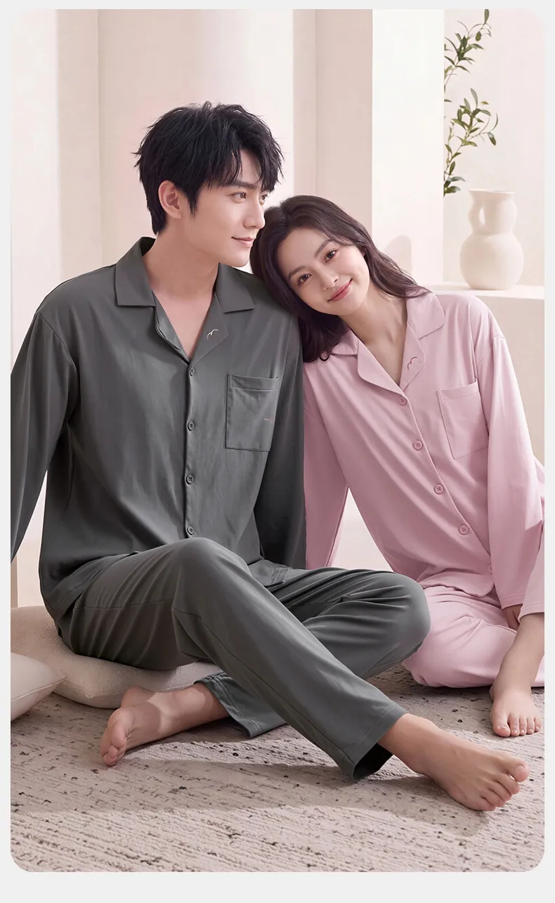 Couple Matching Autumn/Winter Long-Sleeve Stretch Cotton Pajama Set, High-Quality Solid Color Comfortable Loungewear for Men and Women · Wholesale · OEM · Worldwide Shipping - Detail 11
