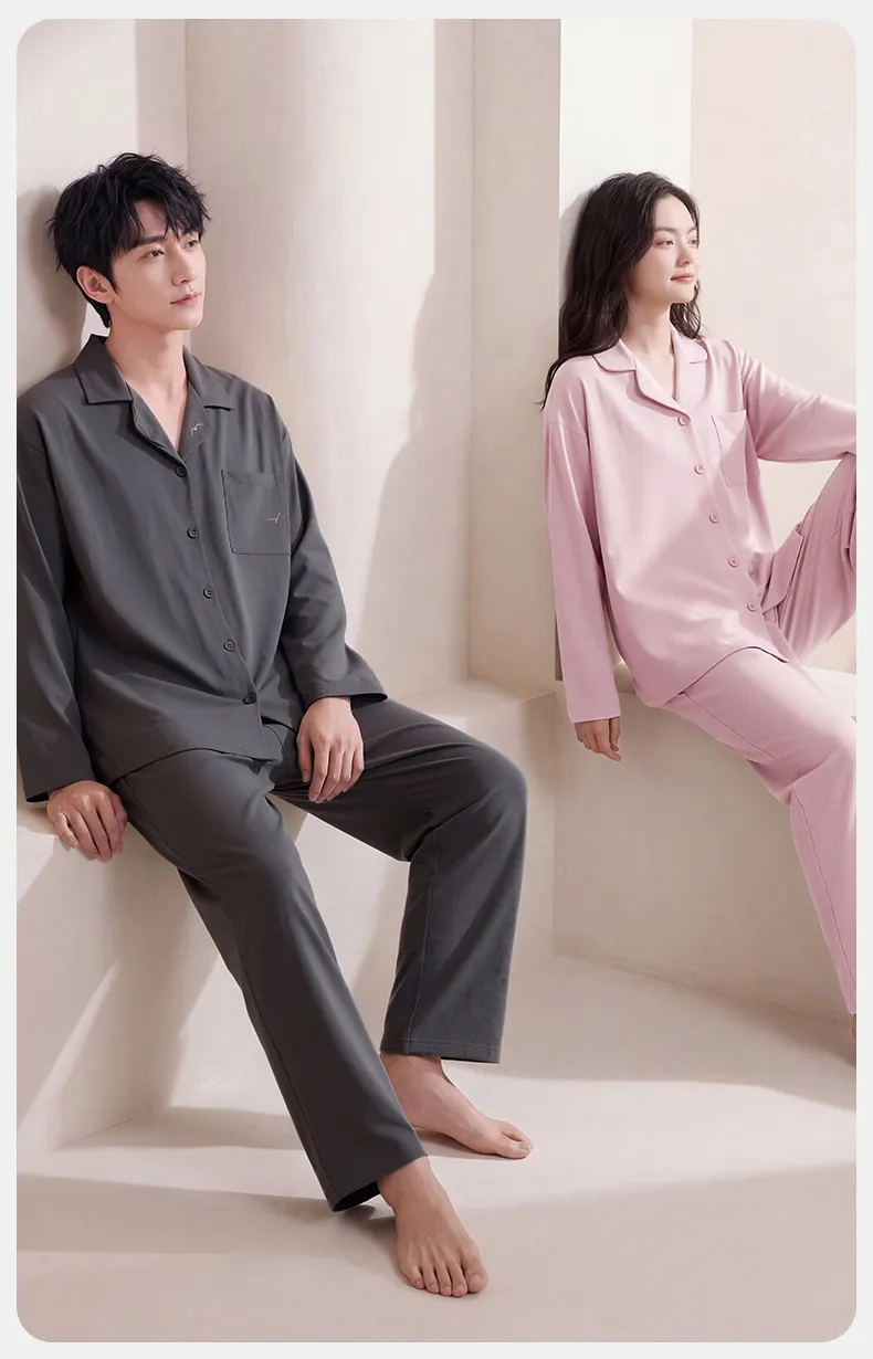 Couple Matching Autumn/Winter Long-Sleeve Stretch Cotton Pajama Set, High-Quality Solid Color Comfortable Loungewear for Men and Women · Wholesale · OEM · Worldwide Shipping - Detail 10