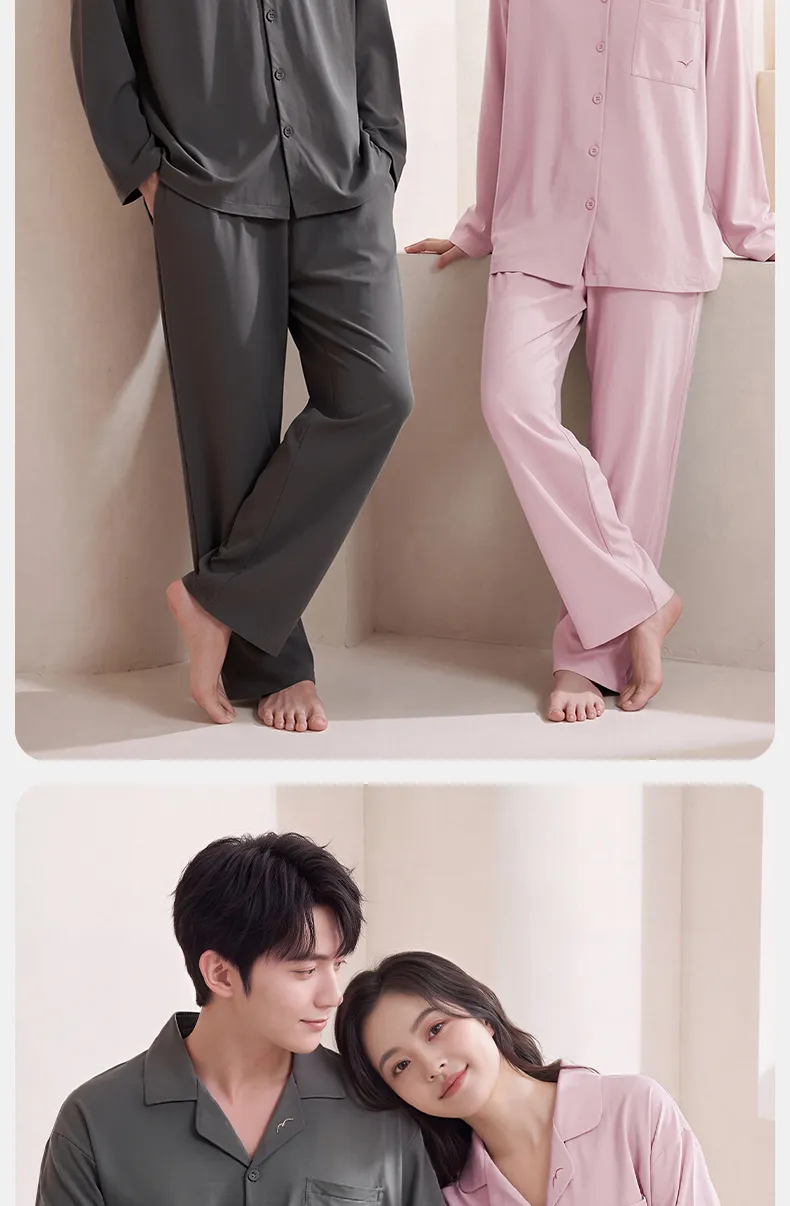 Couple Matching Autumn/Winter Long-Sleeve Stretch Cotton Pajama Set, High-Quality Solid Color Comfortable Loungewear for Men and Women · Wholesale · OEM · Worldwide Shipping - Detail 16