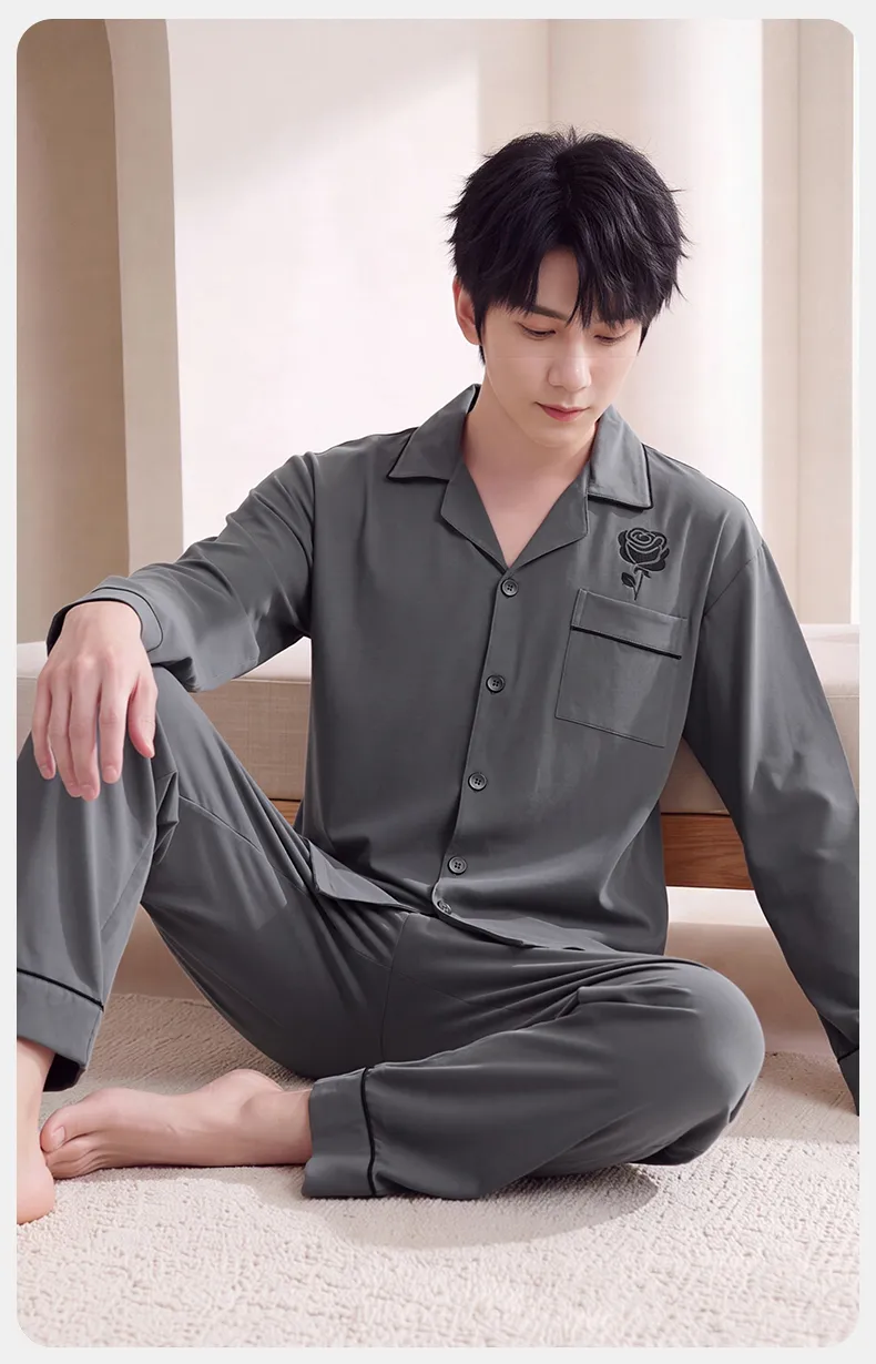 Couple Matching Autumn/Winter Long-Sleeve Stretch Cotton Pajama Set, High-Quality Solid Color Comfortable Loungewear for Men and Women · Wholesale · OEM · Worldwide Shipping - Detail 11