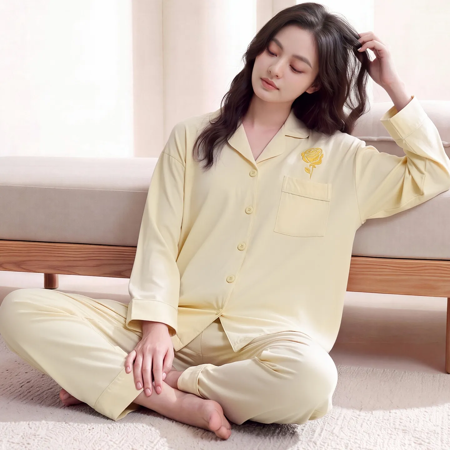 Couple Matching Autumn/Winter Long-Sleeve Stretch Cotton Pajama Set, High-Quality Solid Color Comfortable Loungewear for Men and Women · Wholesale · OEM · Worldwide Shipping - View 2