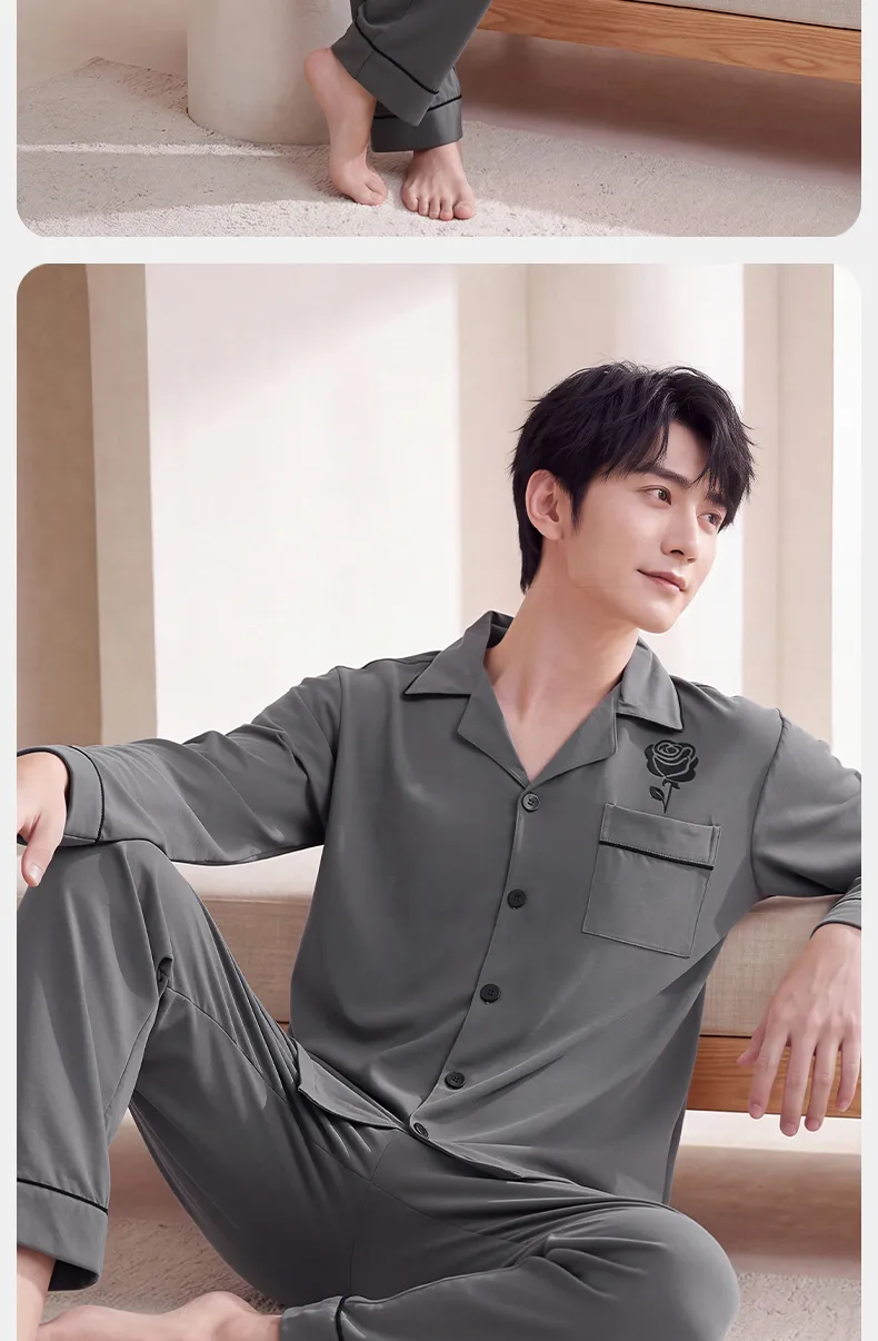 Couple Matching Autumn/Winter Long-Sleeve Stretch Cotton Pajama Set, High-Quality Solid Color Comfortable Loungewear for Men and Women · Wholesale · OEM · Worldwide Shipping - Detail 17