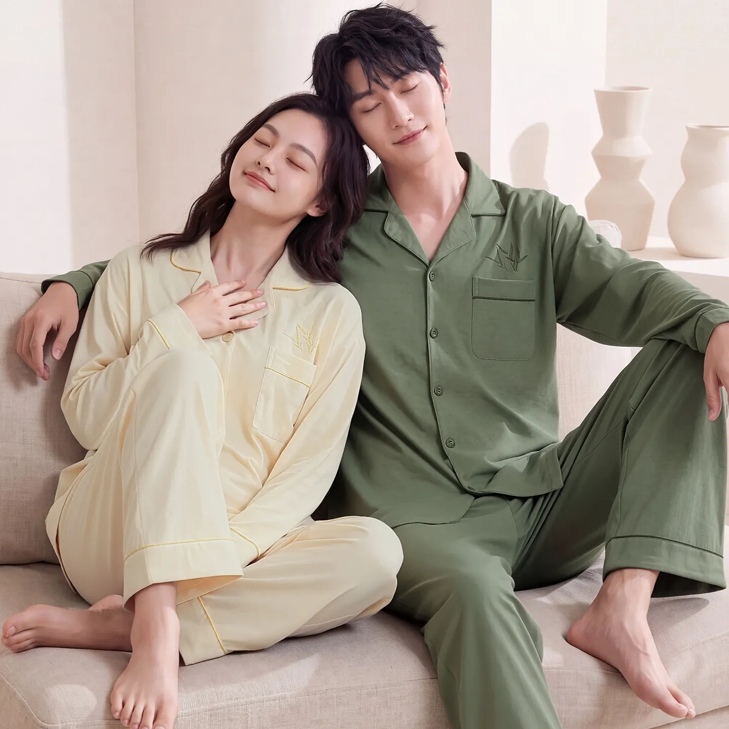 Couple Matching Autumn/Winter Long-Sleeve Stretch Cotton Pajama Set, High-Quality Solid Color Comfortable Loungewear for Men and Women · Wholesale · OEM · Worldwide Shipping - Detail 1
