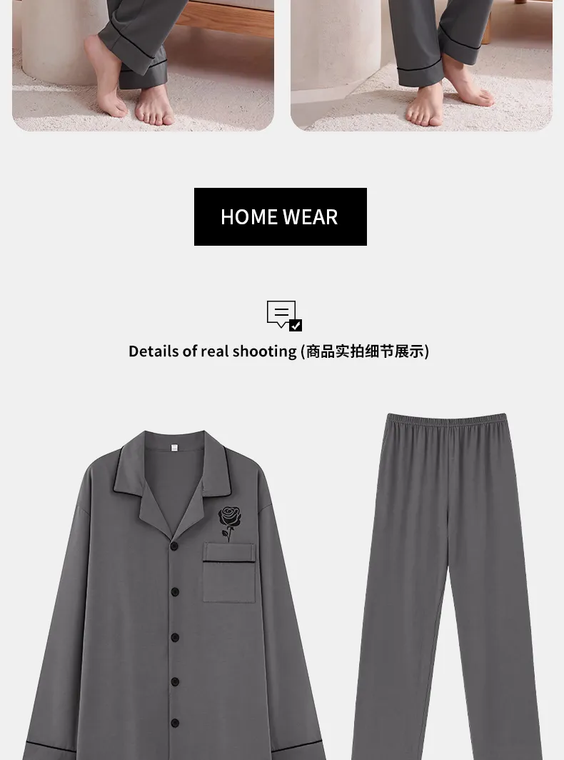 Couple Matching Autumn/Winter Long-Sleeve Stretch Cotton Pajama Set, High-Quality Solid Color Comfortable Loungewear for Men and Women · Wholesale · OEM · Worldwide Shipping - Detail 19