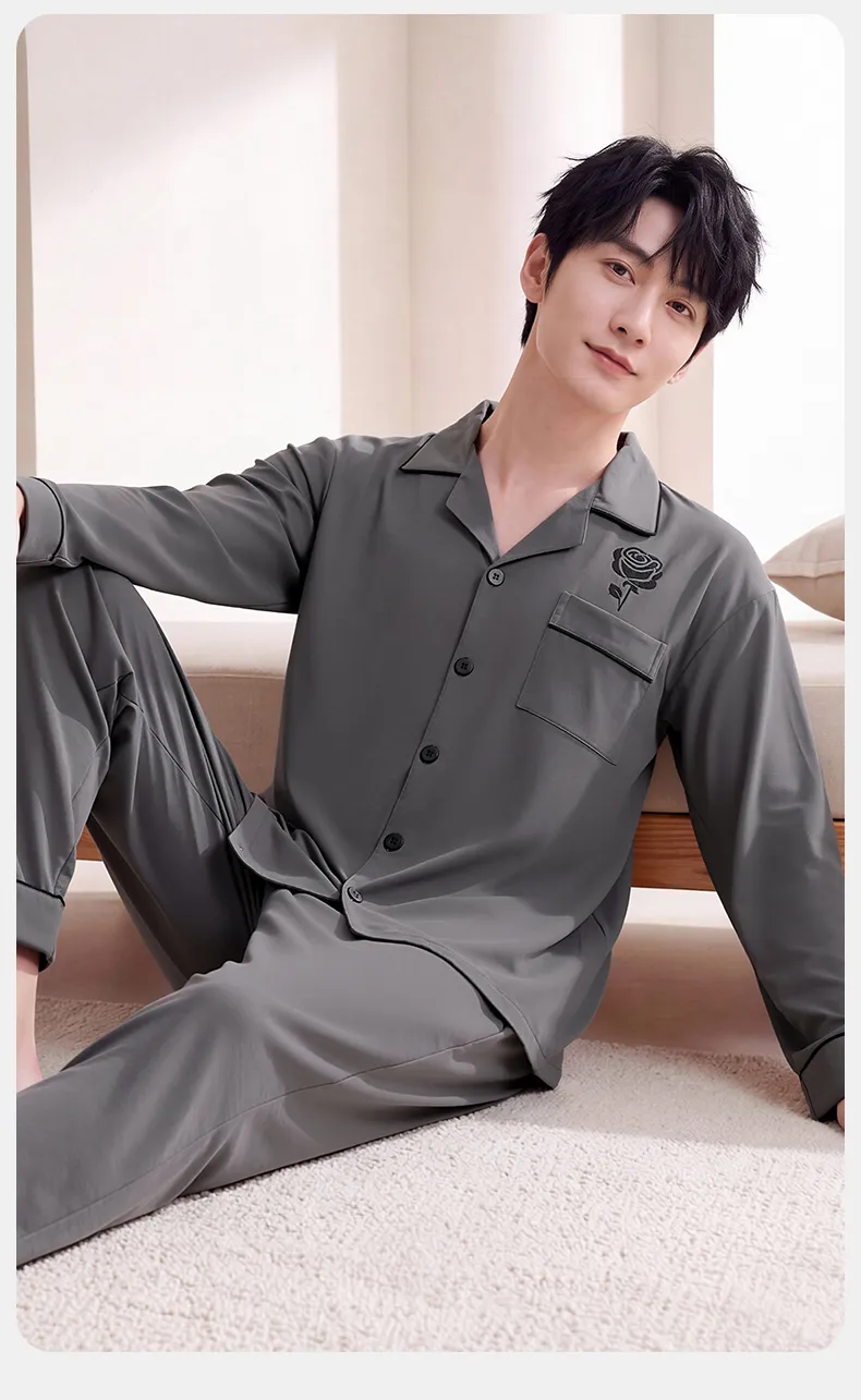 Couple Matching Autumn/Winter Long-Sleeve Stretch Cotton Pajama Set, High-Quality Solid Color Comfortable Loungewear for Men and Women · Wholesale · OEM · Worldwide Shipping - Detail 12