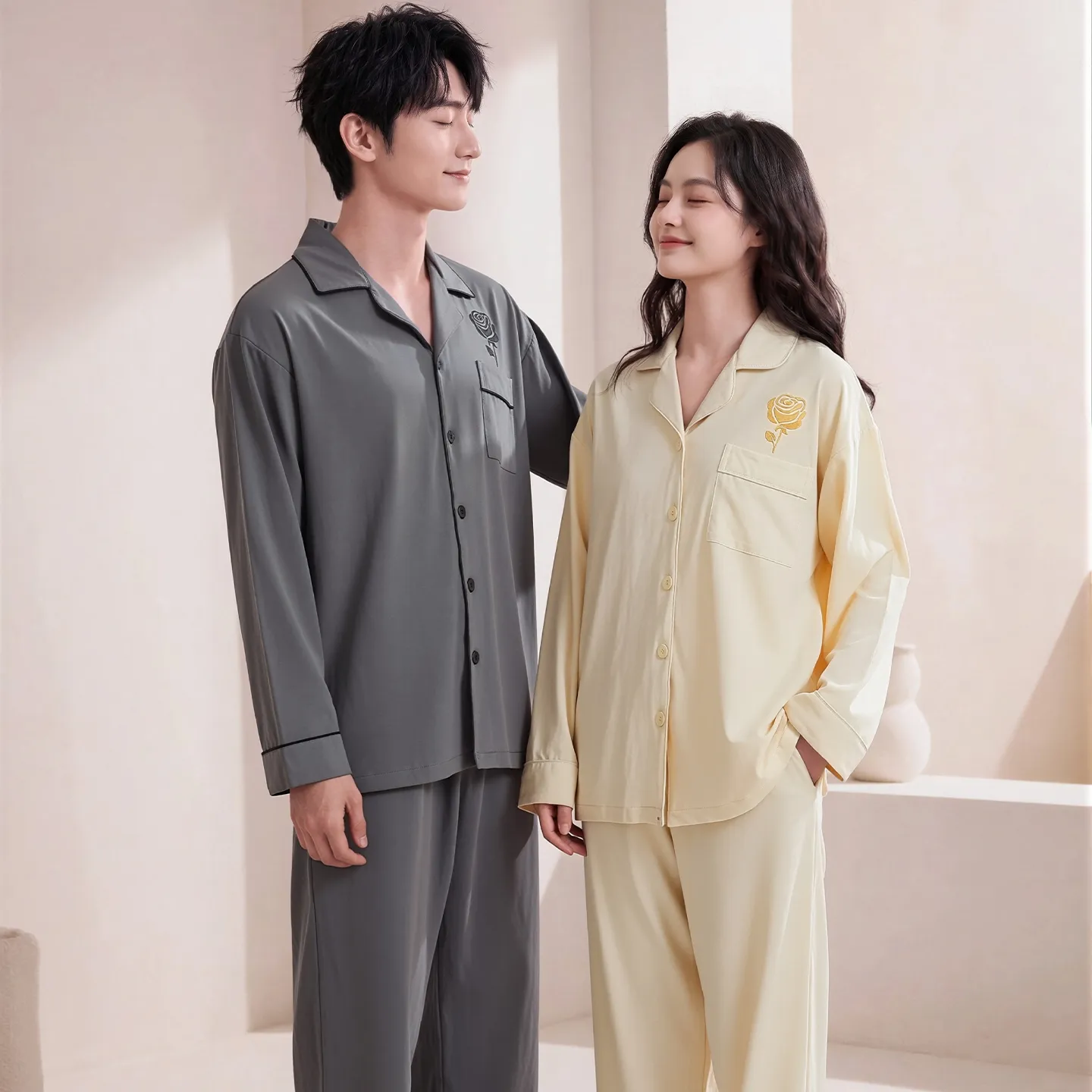 Couple Matching Autumn/Winter Long-Sleeve Stretch Cotton Pajama Set, High-Quality Solid Color Comfortable Loungewear for Men and Women · Wholesale · OEM · Worldwide Shipping - View 1