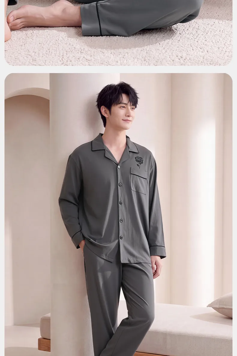 Couple Matching Autumn/Winter Long-Sleeve Stretch Cotton Pajama Set, High-Quality Solid Color Comfortable Loungewear for Men and Women · Wholesale · OEM · Worldwide Shipping - Detail 16