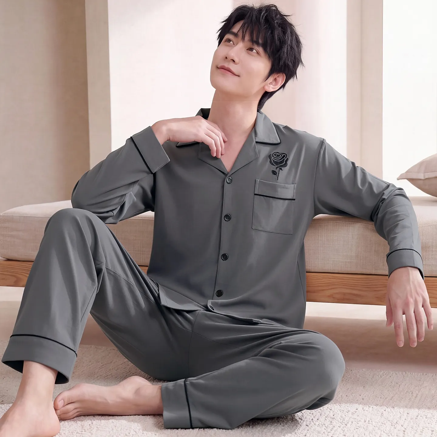 Couple Matching Autumn/Winter Long-Sleeve Stretch Cotton Pajama Set, High-Quality Solid Color Comfortable Loungewear for Men and Women · Wholesale · OEM · Worldwide Shipping - View 3