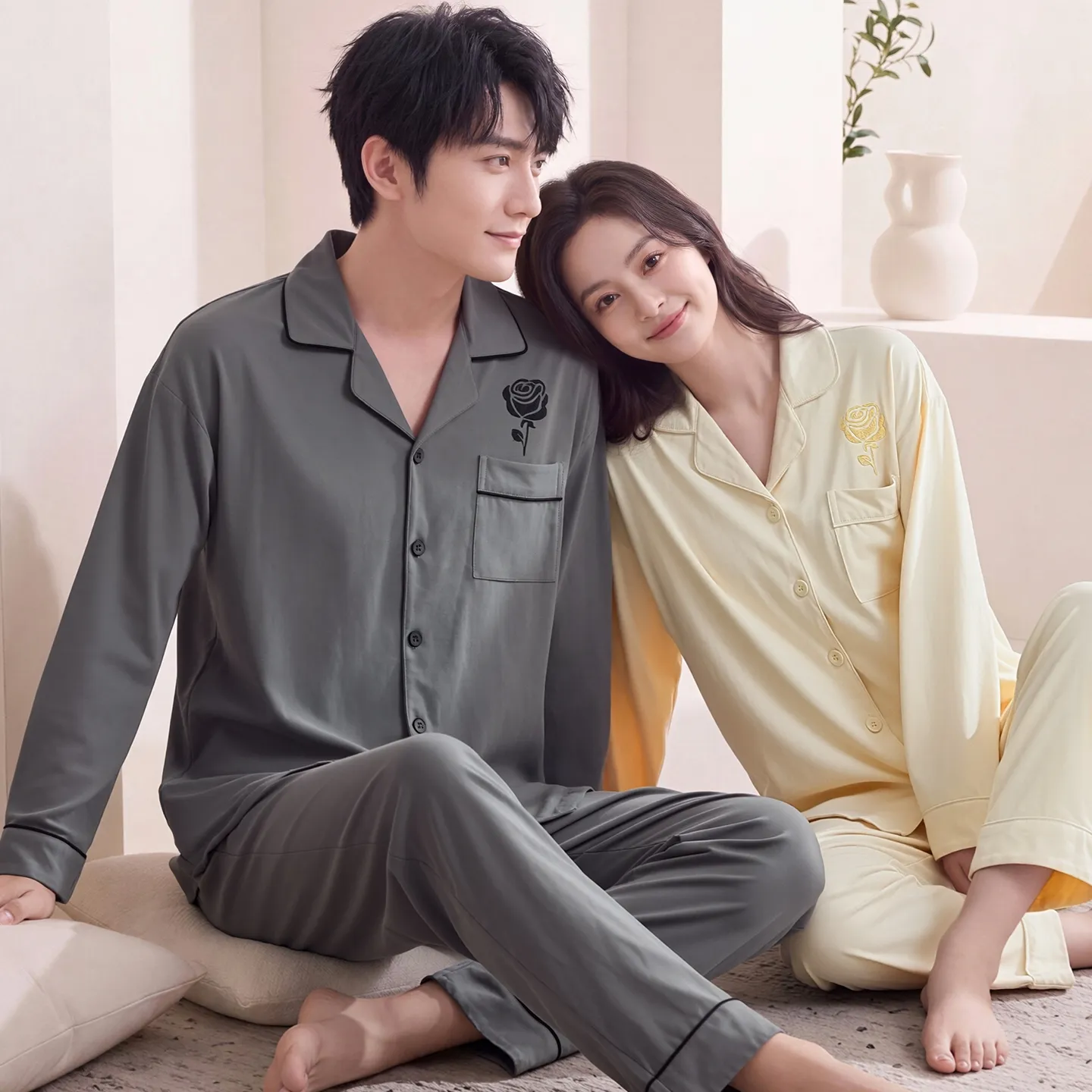 Couple Matching Autumn/Winter Long-Sleeve Stretch Cotton Pajama Set, High-Quality Solid Color Comfortable Loungewear for Men and Women · Wholesale · OEM · Worldwide Shipping