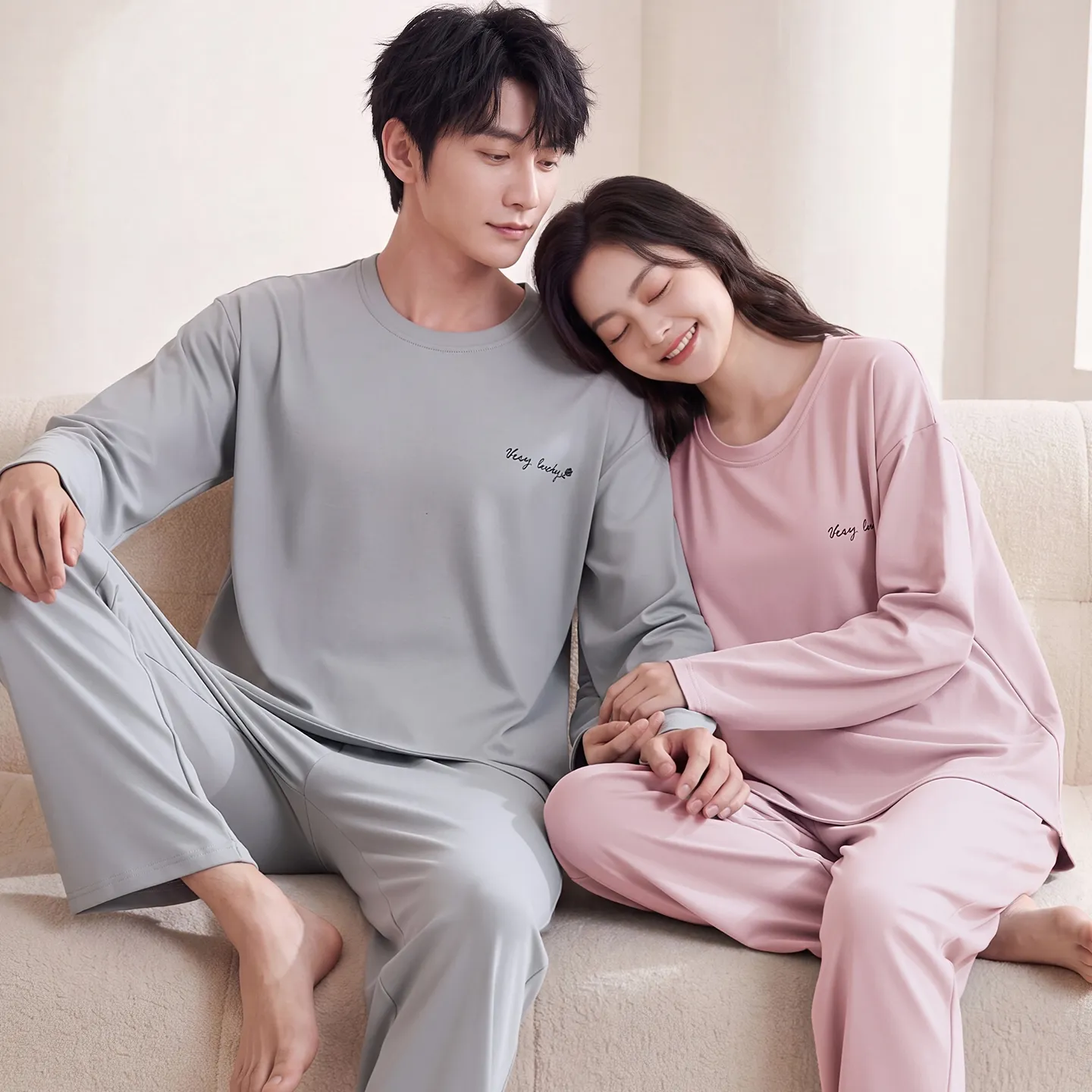 Couple Matching Autumn/Winter Long-Sleeve Stretch Cotton Pajama Set, High-Quality Solid Color Comfortable Loungewear for Men and Women · Wholesale · OEM · Worldwide Shipping