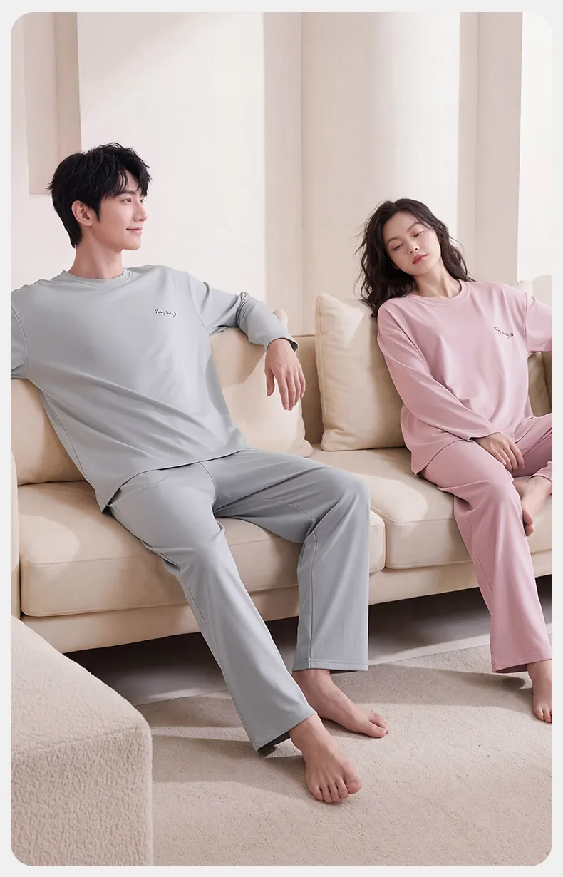Couple Matching Autumn/Winter Long-Sleeve Stretch Cotton Pajama Set, High-Quality Solid Color Comfortable Loungewear for Men and Women · Wholesale · OEM · Worldwide Shipping - Detail 7