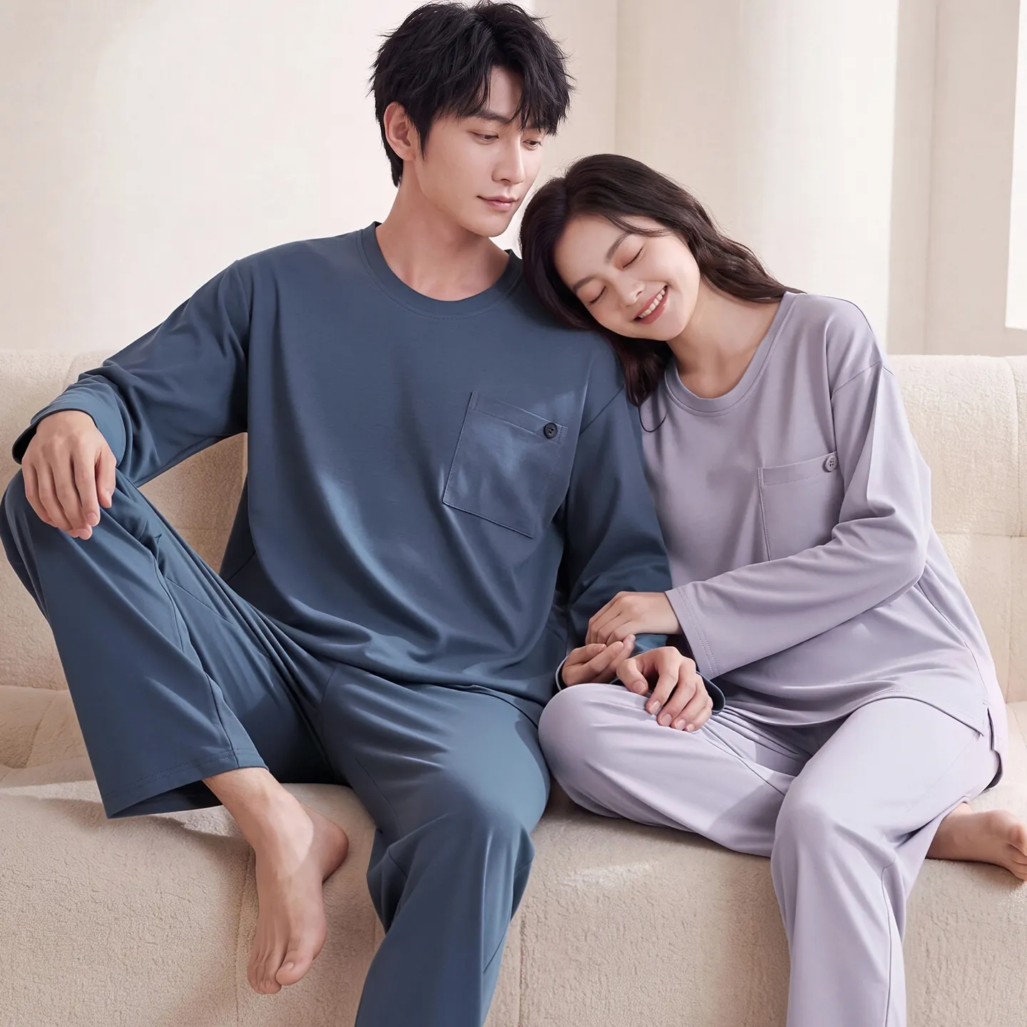 Couple Matching Autumn/Winter Long-Sleeve Stretch Cotton Pajama Set, High-Quality Solid Color Comfortable Loungewear for Men and Women · Wholesale · OEM · Worldwide Shipping - Detail 2