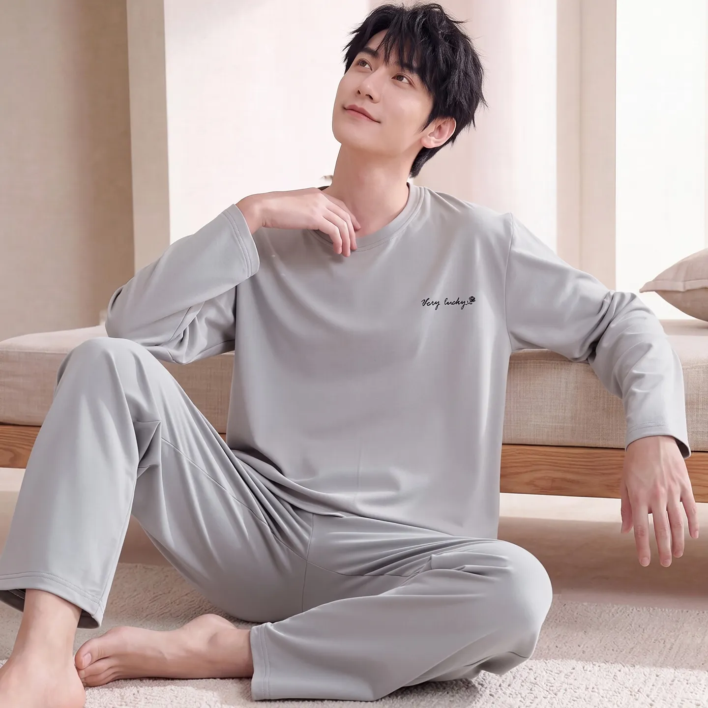 Couple Matching Autumn/Winter Long-Sleeve Stretch Cotton Pajama Set, High-Quality Solid Color Comfortable Loungewear for Men and Women · Wholesale · OEM · Worldwide Shipping - View 3