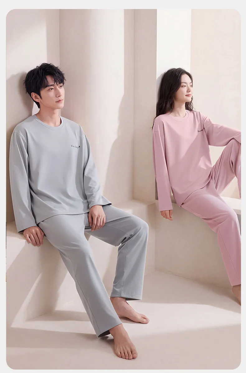 Couple Matching Autumn/Winter Long-Sleeve Stretch Cotton Pajama Set, High-Quality Solid Color Comfortable Loungewear for Men and Women · Wholesale · OEM · Worldwide Shipping - Detail 12