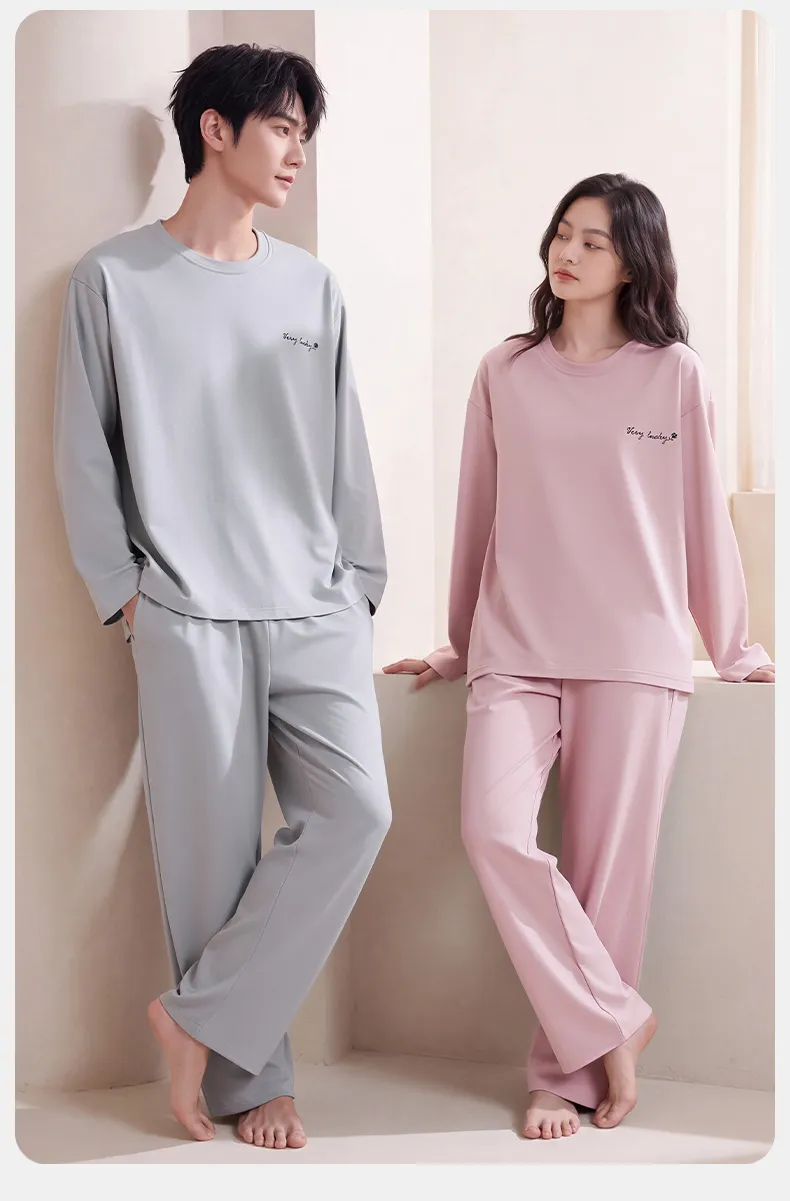 Couple Matching Autumn/Winter Long-Sleeve Stretch Cotton Pajama Set, High-Quality Solid Color Comfortable Loungewear for Men and Women · Wholesale · OEM · Worldwide Shipping - Detail 14