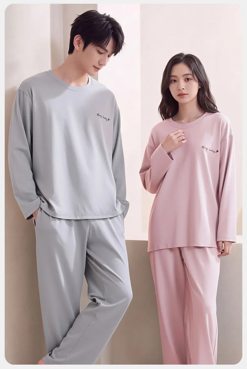 Couple Matching Autumn/Winter Long-Sleeve Stretch Cotton Pajama Set, High-Quality Solid Color Comfortable Loungewear for Men and Women · Wholesale · OEM · Worldwide Shipping - Detail 13