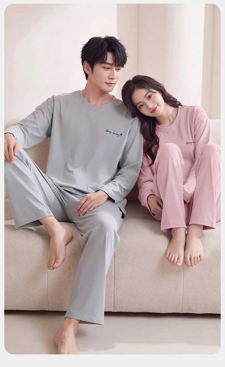 Couple Matching Autumn/Winter Long-Sleeve Stretch Cotton Pajama Set, High-Quality Solid Color Comfortable Loungewear for Men and Women · Wholesale · OEM · Worldwide Shipping - Detail 8