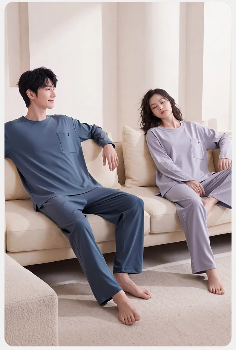 Couple Matching Autumn/Winter Long-Sleeve Stretch Cotton Pajama Set, High-Quality Solid Color Comfortable Loungewear for Men and Women · Wholesale · OEM · Worldwide Shipping - Detail 13
