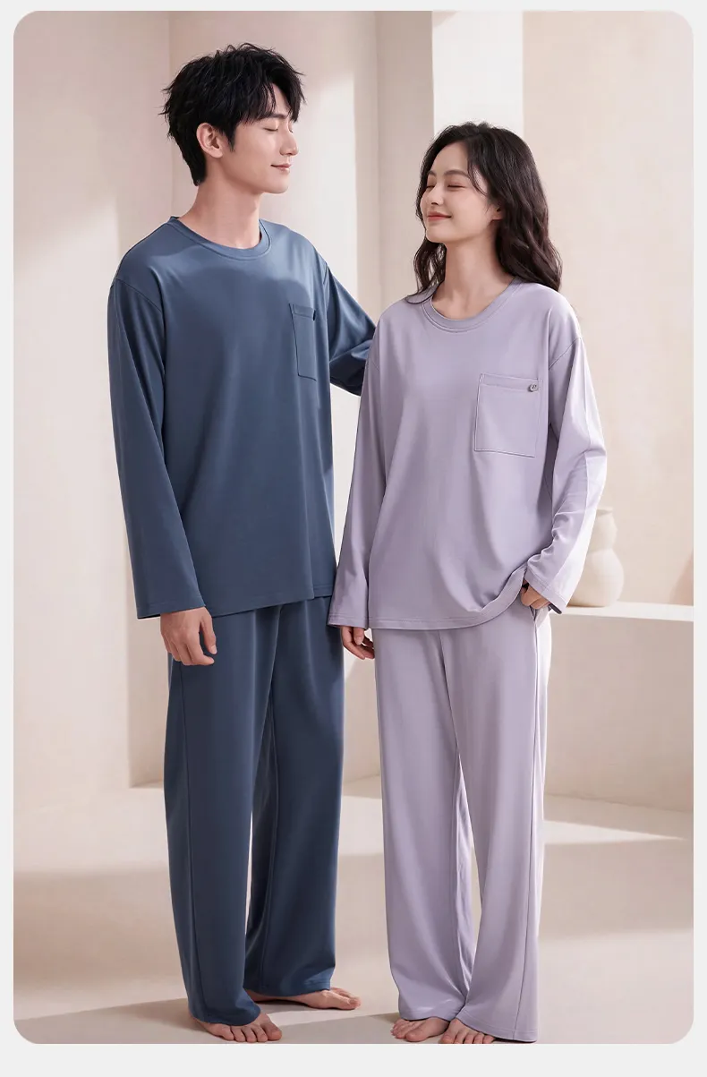 Couple Matching Autumn/Winter Long-Sleeve Stretch Cotton Pajama Set, High-Quality Solid Color Comfortable Loungewear for Men and Women · Wholesale · OEM · Worldwide Shipping - Detail 14