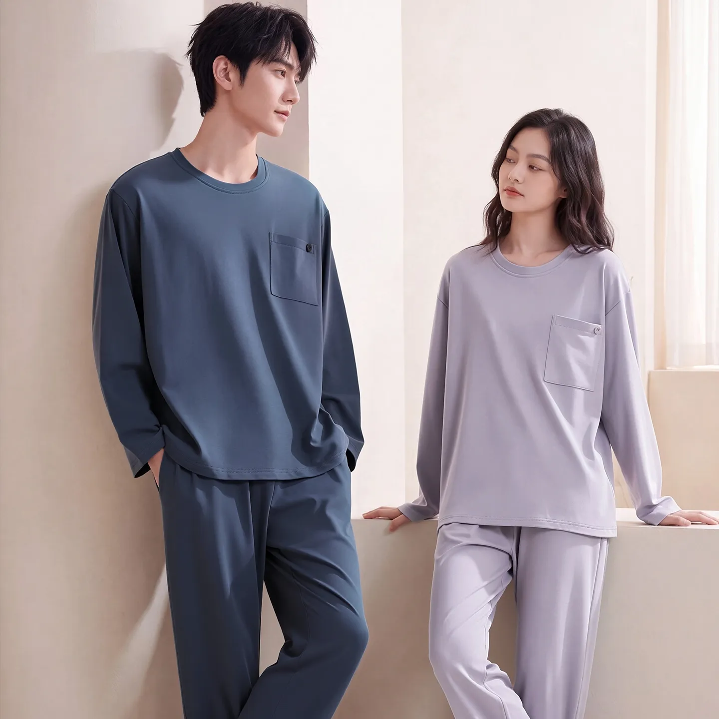 Couple Matching Autumn/Winter Long-Sleeve Stretch Cotton Pajama Set, High-Quality Solid Color Comfortable Loungewear for Men and Women · Wholesale · OEM · Worldwide Shipping - View 1