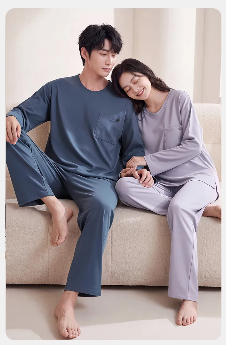 Couple Matching Autumn/Winter Long-Sleeve Stretch Cotton Pajama Set, High-Quality Solid Color Comfortable Loungewear for Men and Women · Wholesale · OEM · Worldwide Shipping - Detail 12