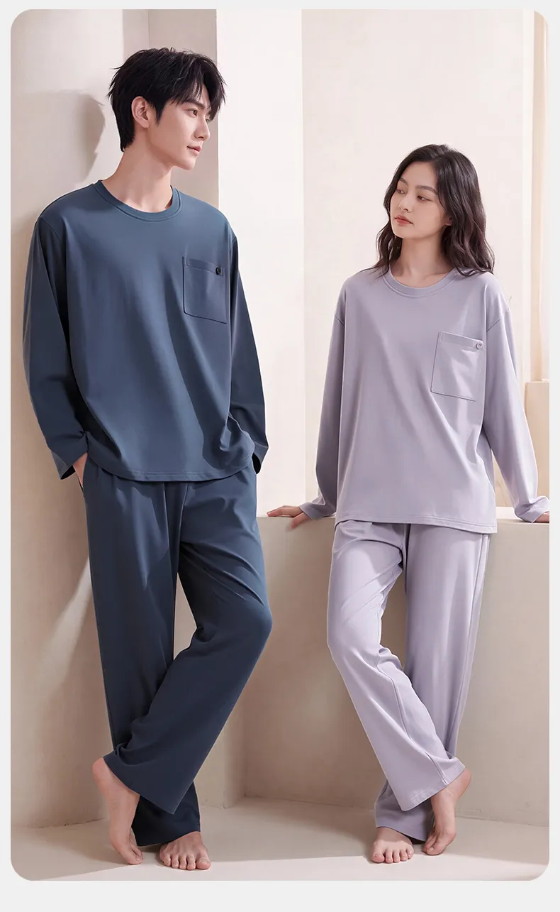Couple Matching Autumn/Winter Long-Sleeve Stretch Cotton Pajama Set, High-Quality Solid Color Comfortable Loungewear for Men and Women · Wholesale · OEM · Worldwide Shipping - Detail 8