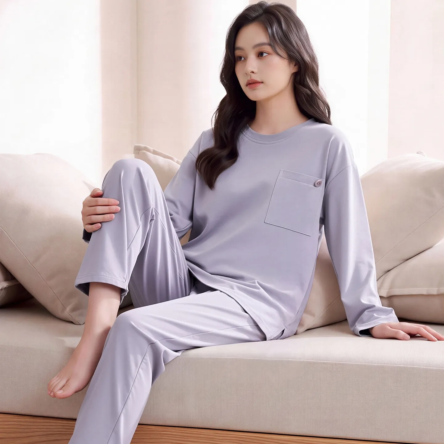 Couple Matching Autumn/Winter Long-Sleeve Stretch Cotton Pajama Set, High-Quality Solid Color Comfortable Loungewear for Men and Women · Wholesale · OEM · Worldwide Shipping - View 2