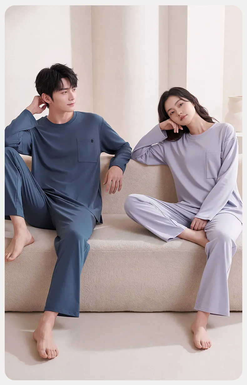 Couple Matching Autumn/Winter Long-Sleeve Stretch Cotton Pajama Set, High-Quality Solid Color Comfortable Loungewear for Men and Women · Wholesale · OEM · Worldwide Shipping - Detail 7