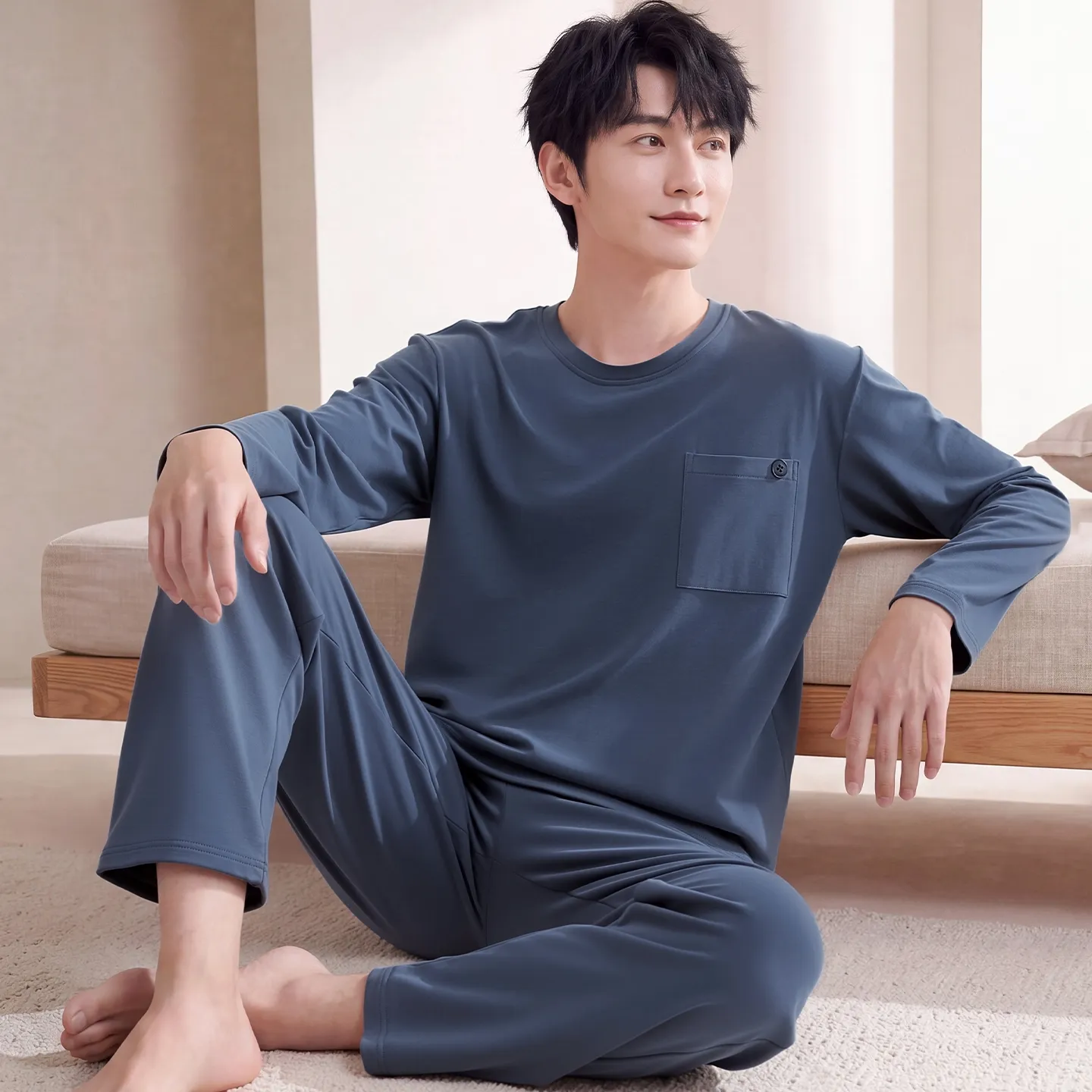 Couple Matching Autumn/Winter Long-Sleeve Stretch Cotton Pajama Set, High-Quality Solid Color Comfortable Loungewear for Men and Women · Wholesale · OEM · Worldwide Shipping - View 3