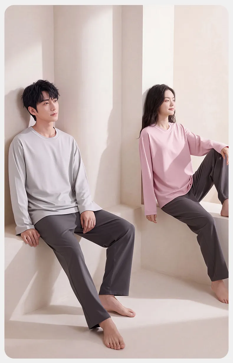 Couple Matching Autumn/Winter Long-Sleeve Stretch Cotton Pajama Set, High-Quality Solid Color Comfortable Loungewear for Men and Women · Wholesale · OEM · Worldwide Shipping - Detail 7